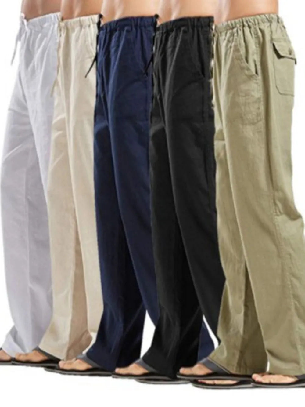 Relaxed linen drawstring trousers in navy, black, khaki, white, and gray with pockets.