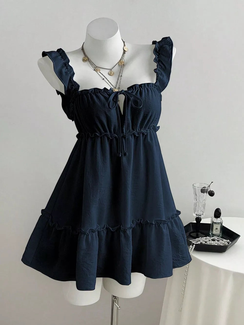 Navy Blue Ruffled Square Neck Tie-front Mini Dress