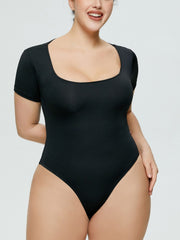 Black short sleeve bodysuit with square neckline.
