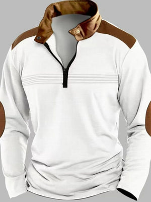 White quarter-zip pullover with brown contrast panels on shoulders, collar, and elbow patches.