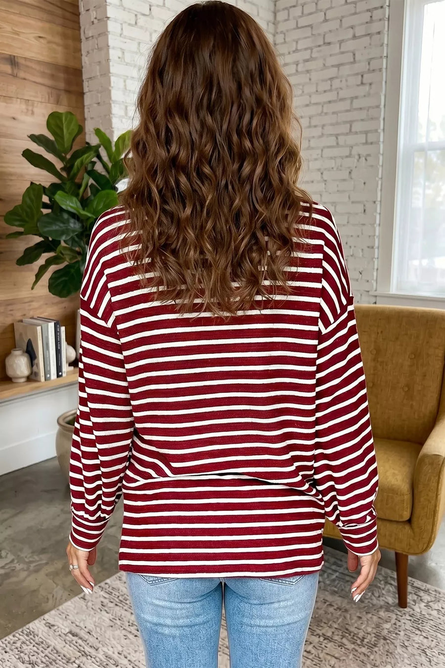 Stripe Drop Shoulder Long Sleeve Top option 6