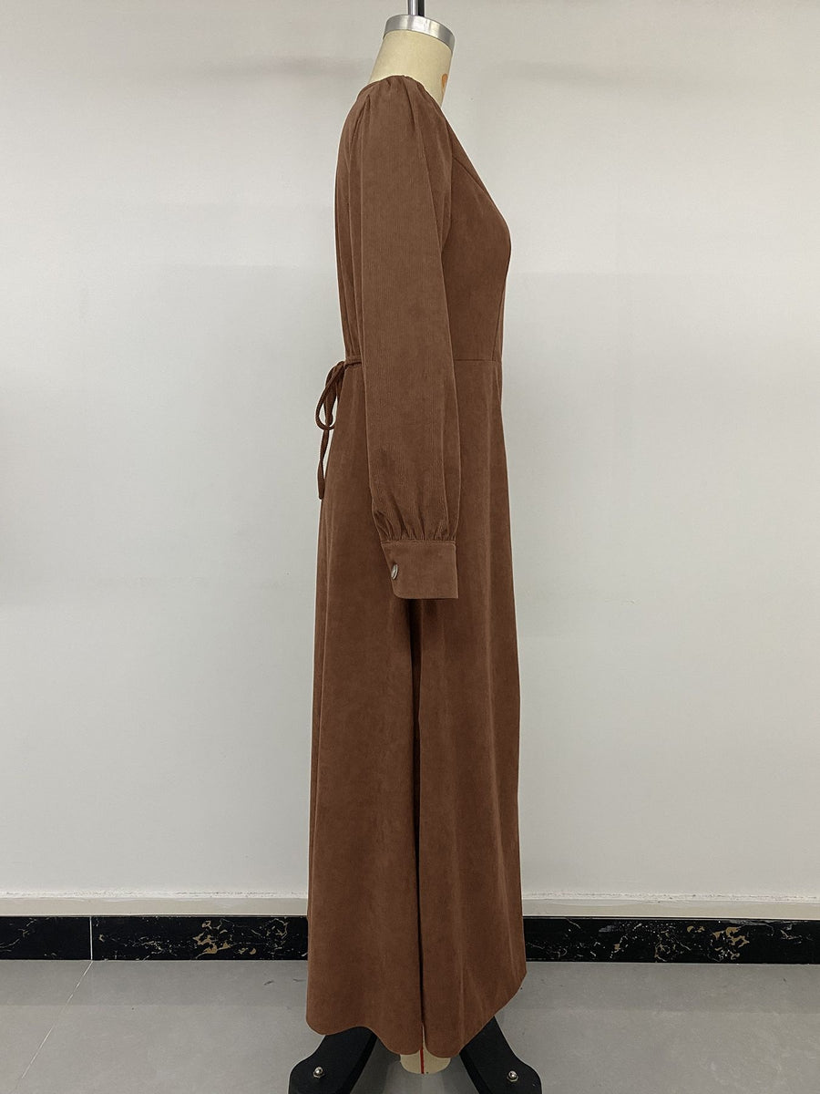 Corduroy Button-Down Maxi Dress in Coffee Brown with buttoned
