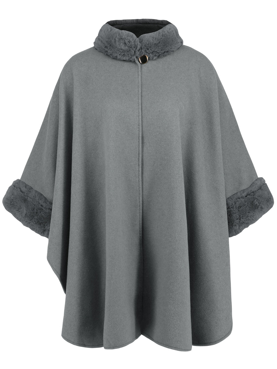 Gray cape coat with faux fur trim on collar and cuffs, featuring a single gold button closure.