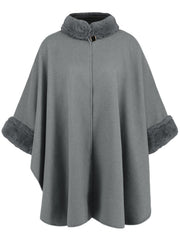 Gray cape coat with faux fur trim on collar and cuffs, featuring a single gold button closure.