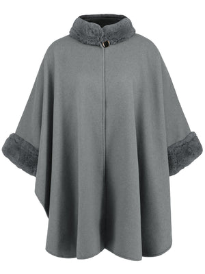 Gray cape coat with faux fur trim on collar and cuffs, featuring a single gold button closure.