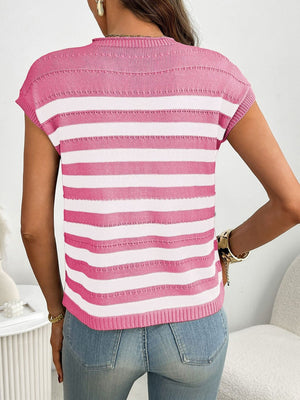 Pink and white striped knit sweater with short sleeves and a crew neck.