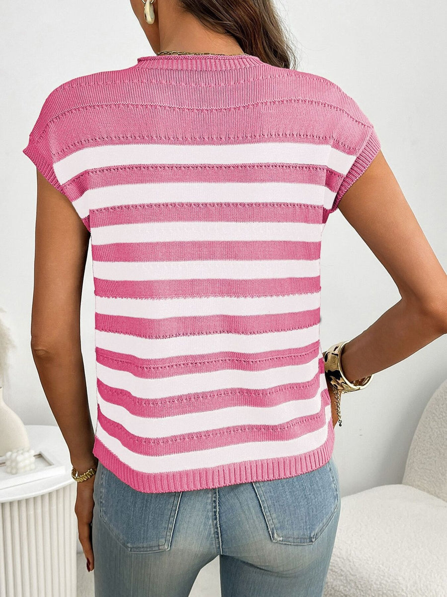 Pink and white striped knit sweater with short sleeves and a crew neck.