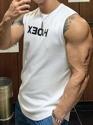 White reversed logo muscle tank top with black graphic print
