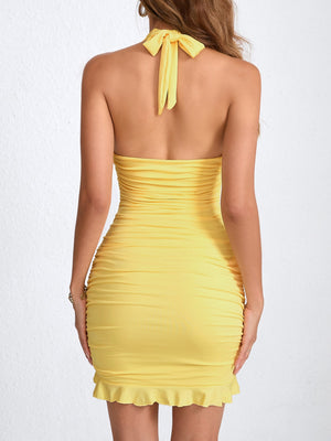 Mini Ruched Dress in Light Yellow with ruffled