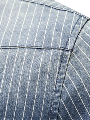 Denim western shirt in peacock blue with white vertical stripes and button details.
