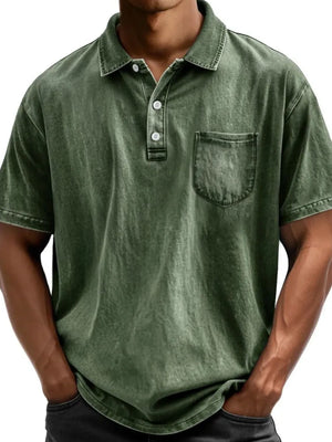 Acid wash green relaxed fit polo shirt with chest pocket and button placket.