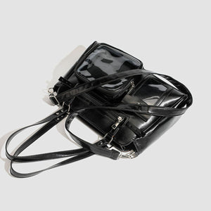 Multi-Pocket Clear Window Shoulder Bag in Black
