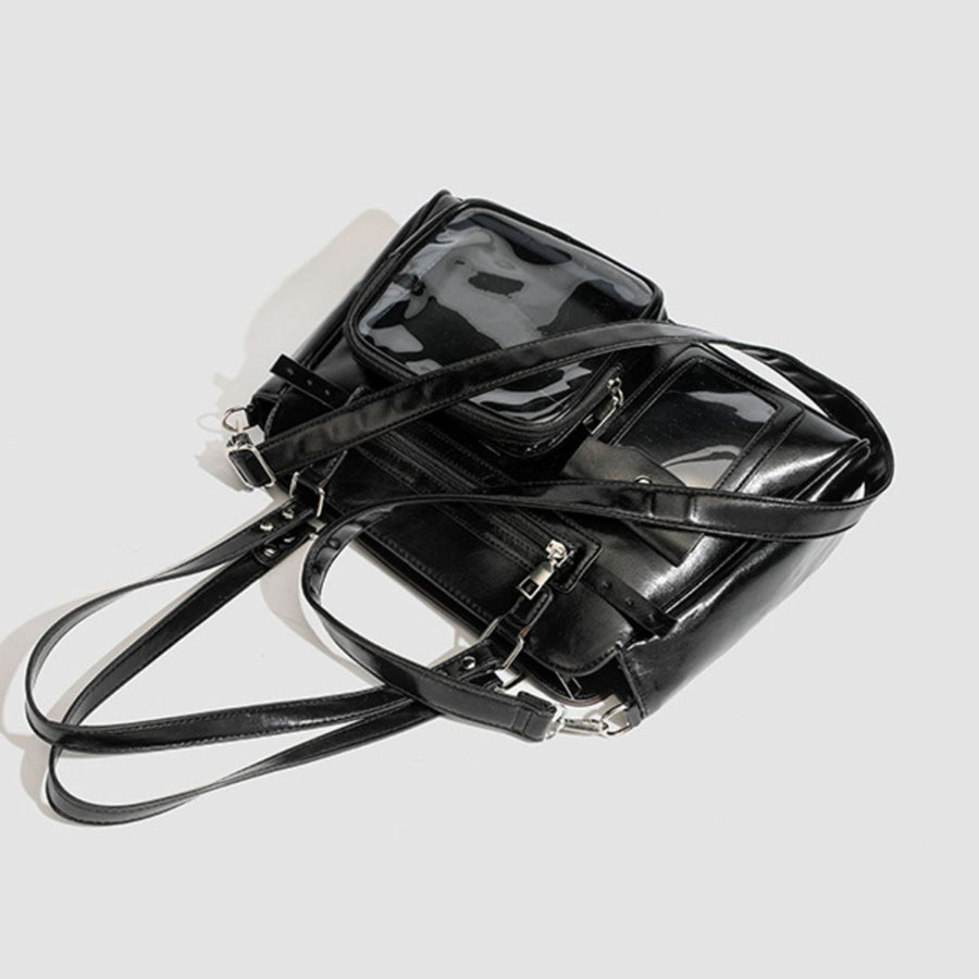 Multi-Pocket Clear Window Shoulder Bag in Black