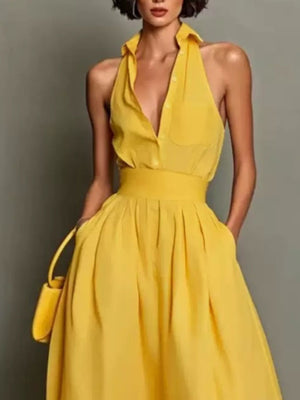 Sleeveless Collared A-Line Midi Dress in cream with pocketed