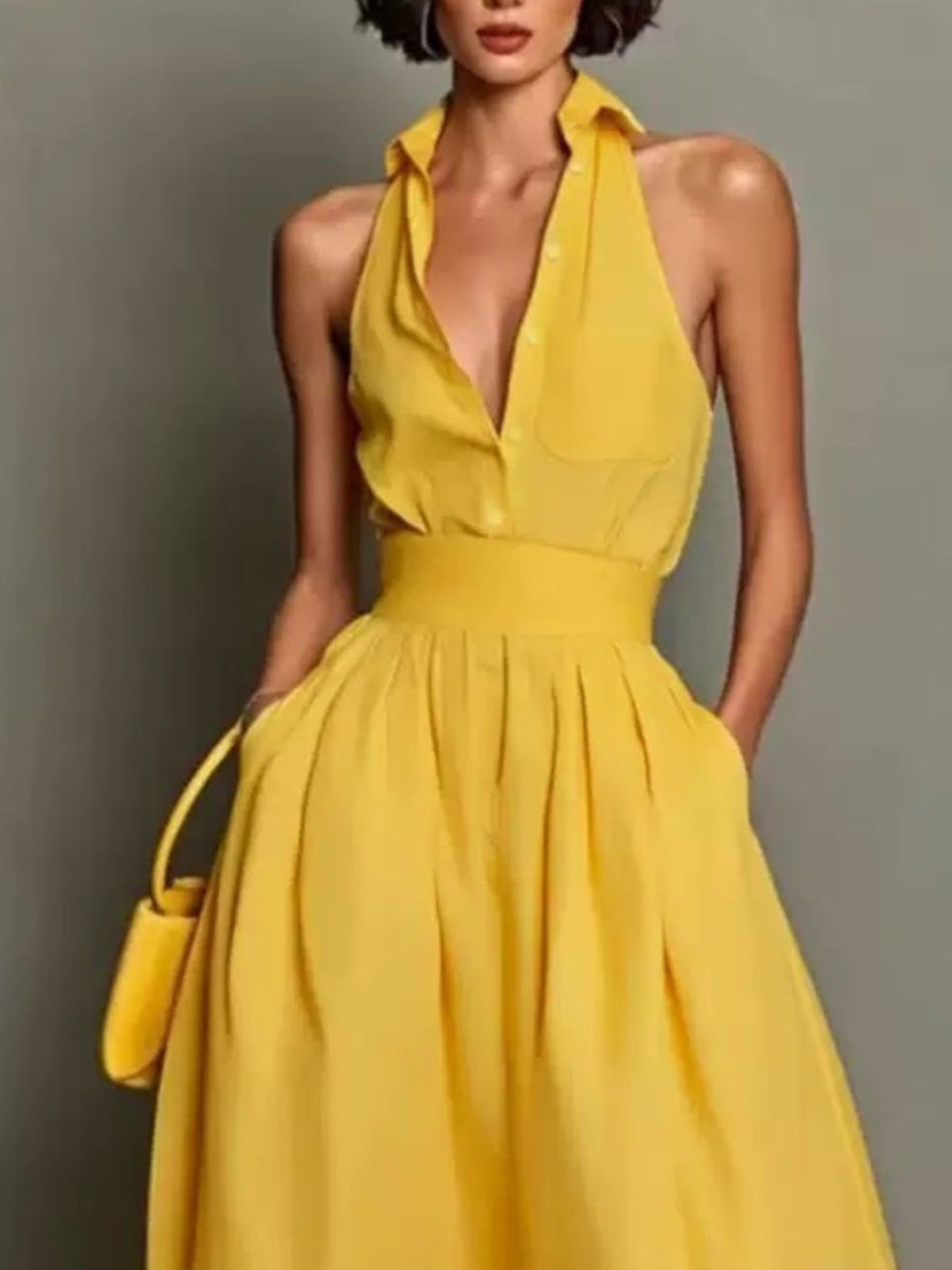 Sleeveless Collared A-Line Midi Dress in cream with pocketed