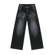Dark wash wide leg denim jeans with sculpted paneling and a distressed look.