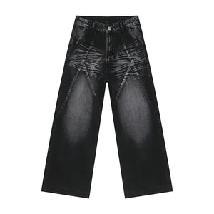 Dark wash wide leg denim jeans with sculpted paneling and a distressed look.