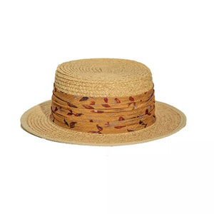 Chic straw boater hat with floral band and yellow ribbon detail