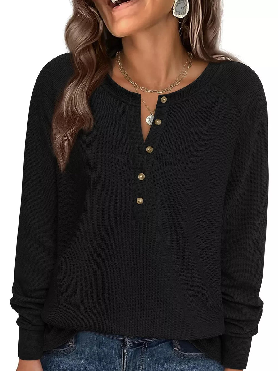 Waffle Knit Henley Long Sleeve Shirt in Blue with waffle-knit