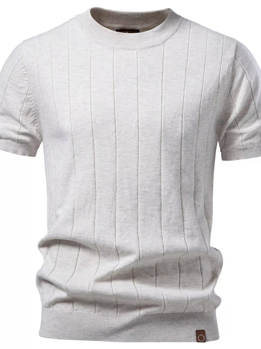 Men's light blue ribbed knit sweater with short sleeves and crew neck.