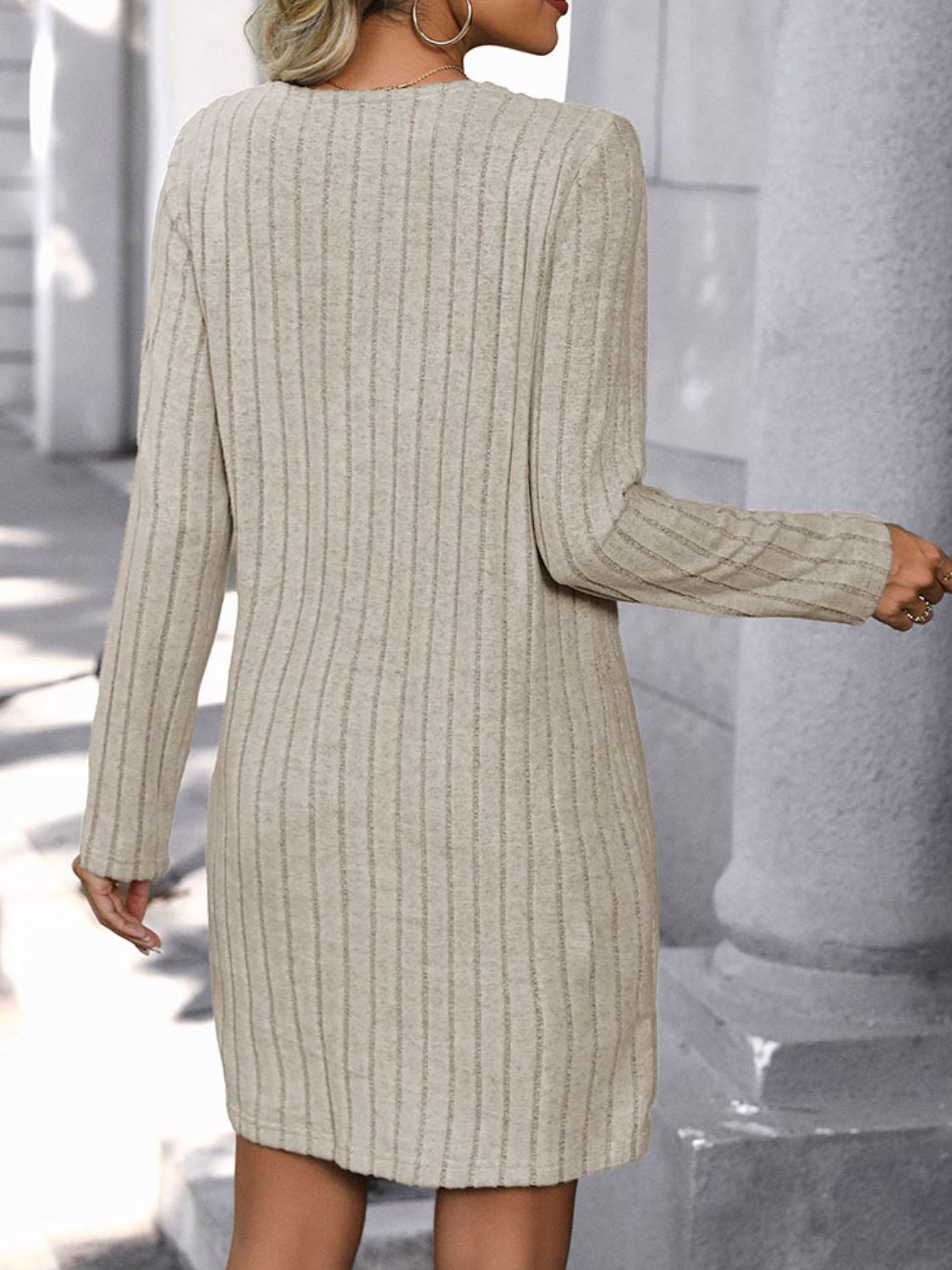 Khaki ribbed knit dress with vertical stripes and button detail, long sleeves, crew neck