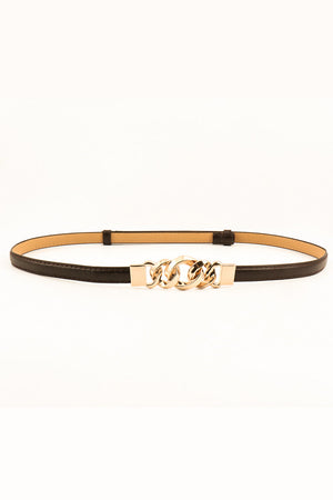 Chain link buckle belt in chocolate brown with gold chain detail