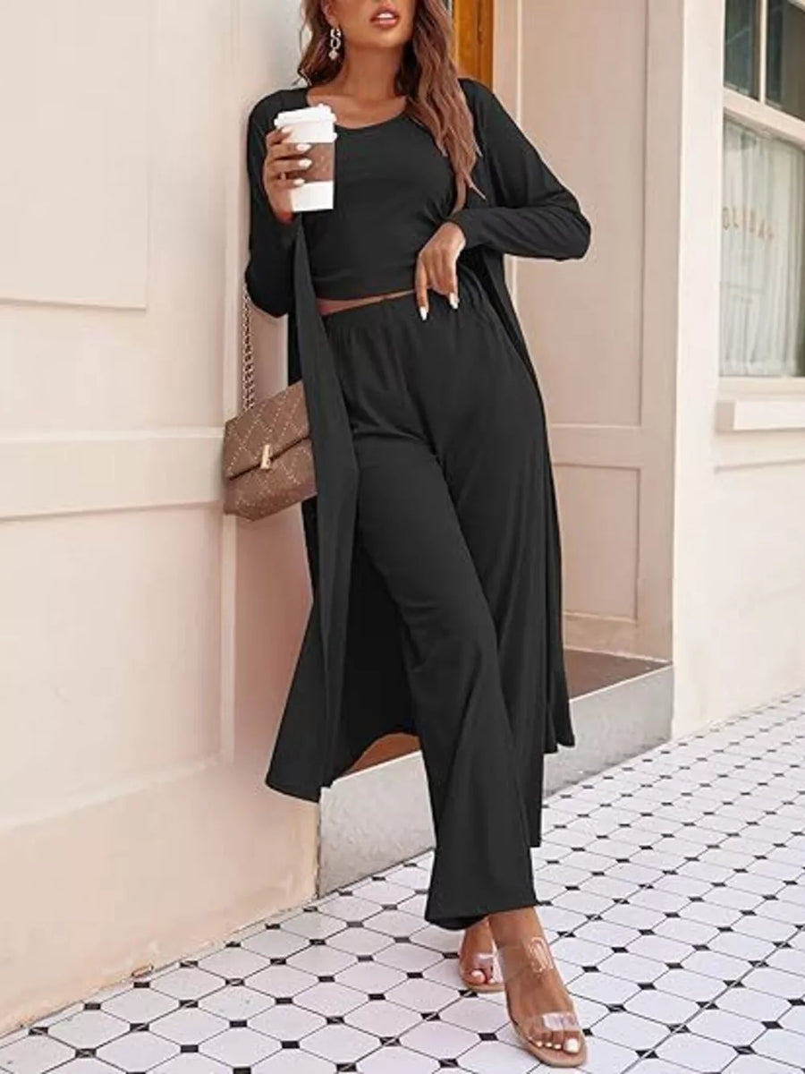 Navy Blue Round Neck Tank Cardigan Pants Set