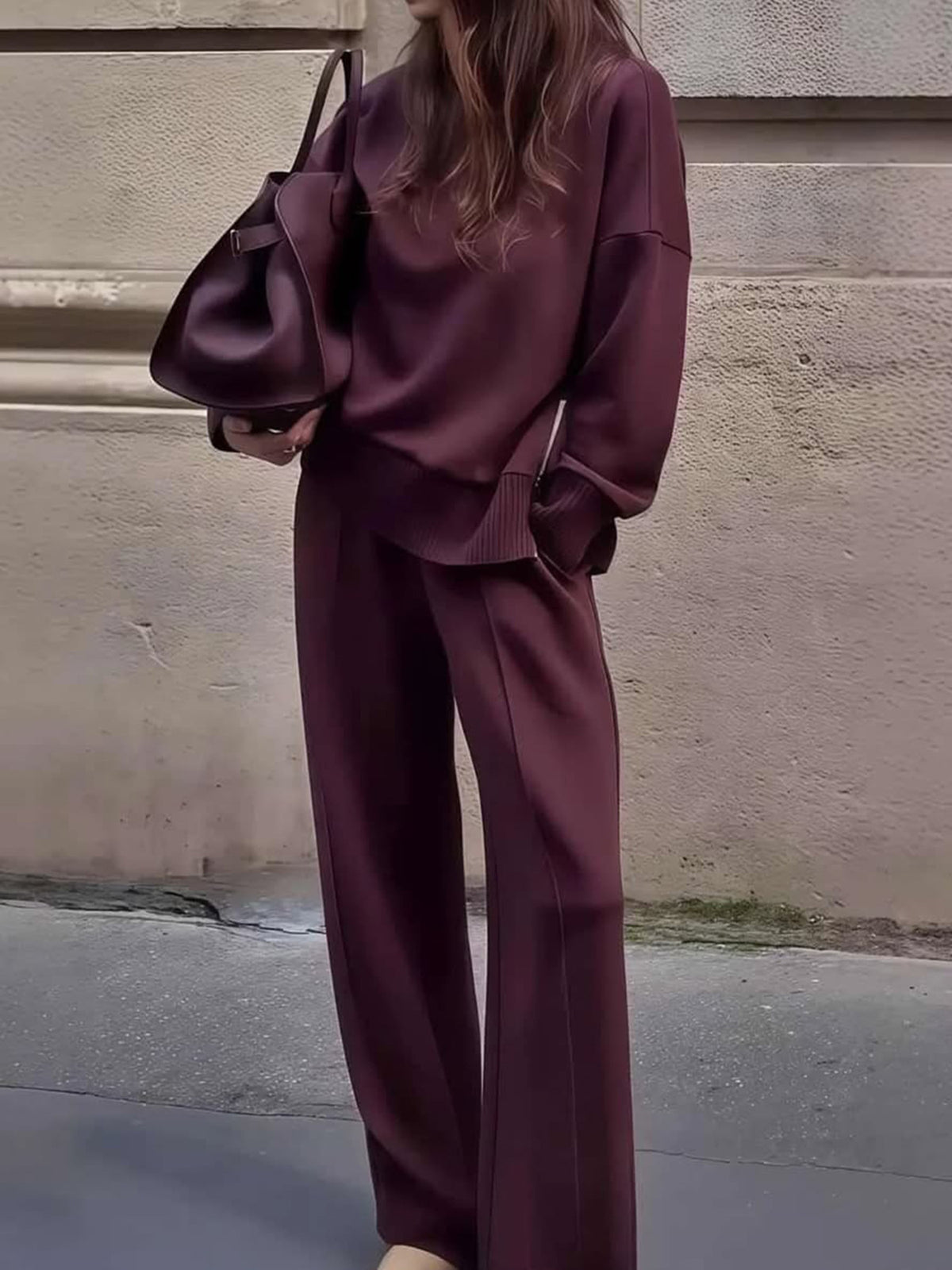 lounge set in burgundy featuring ribbed and loose fit