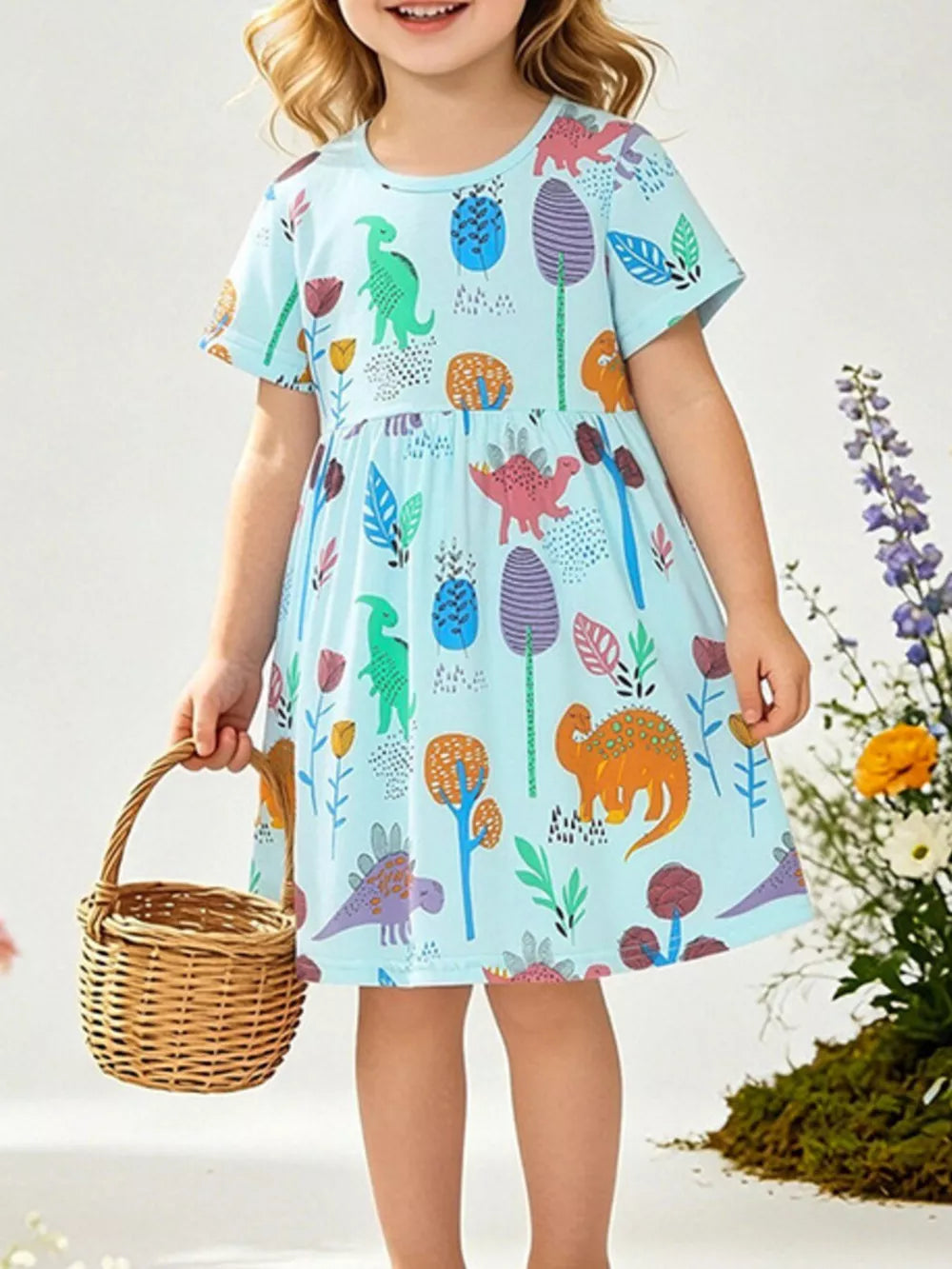 Light blue short sleeve dress with dinosaur and plant print