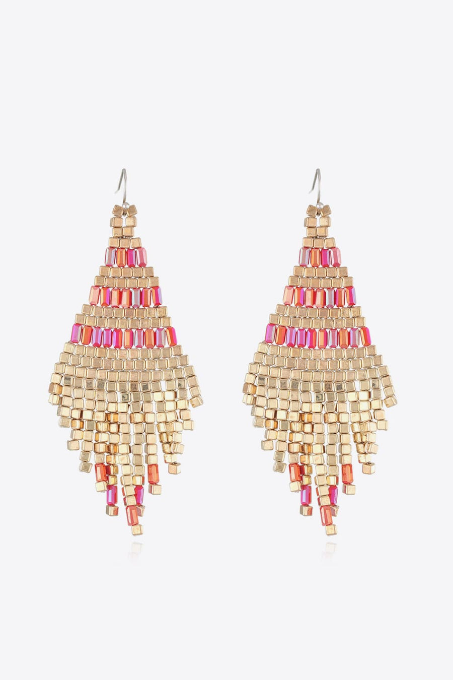 Geometric beaded fringe earrings with gold and pink beads.