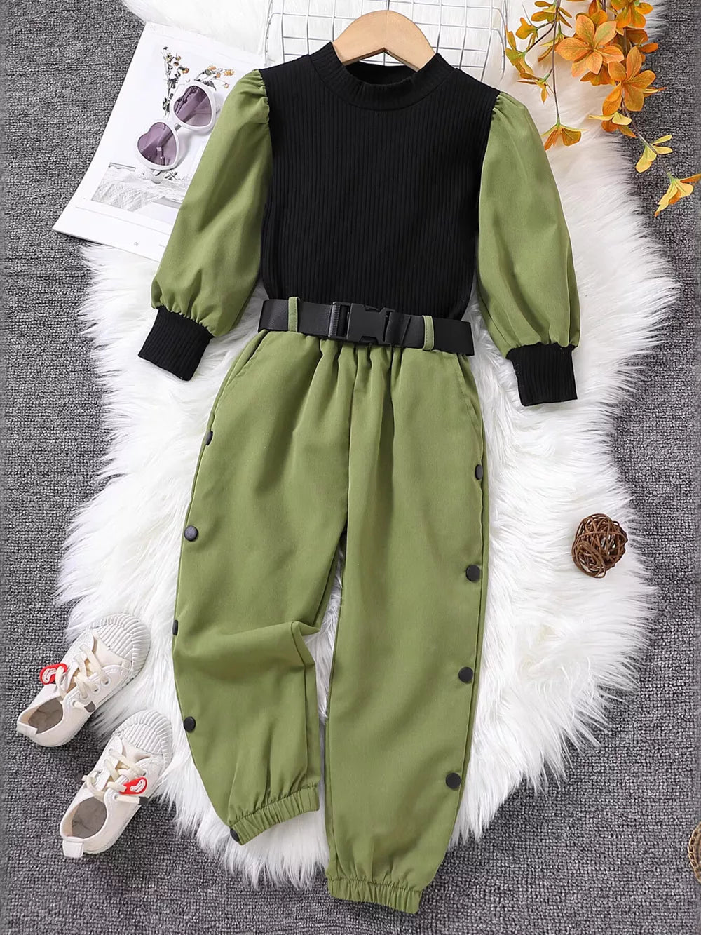 Children's Color Block Top And Pants Set in Army Green