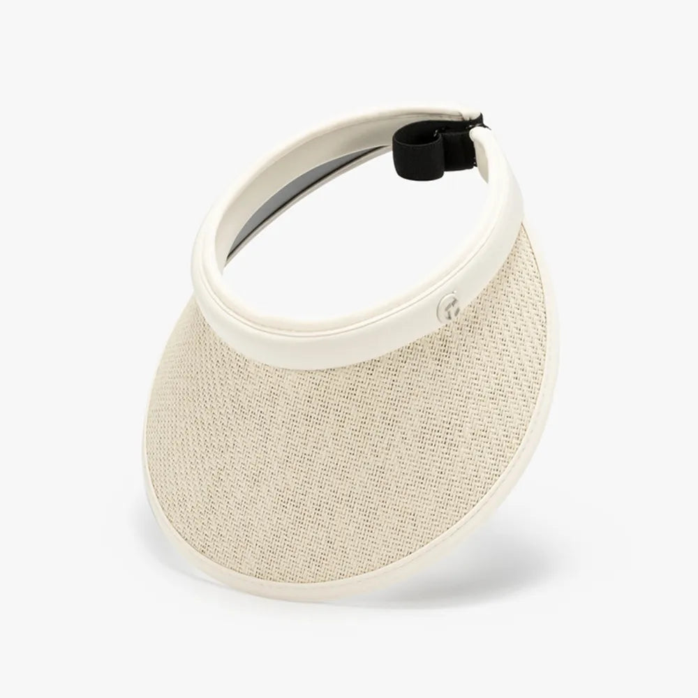 Woven brim sun visor in ivory with contrast trim and adjustable strap