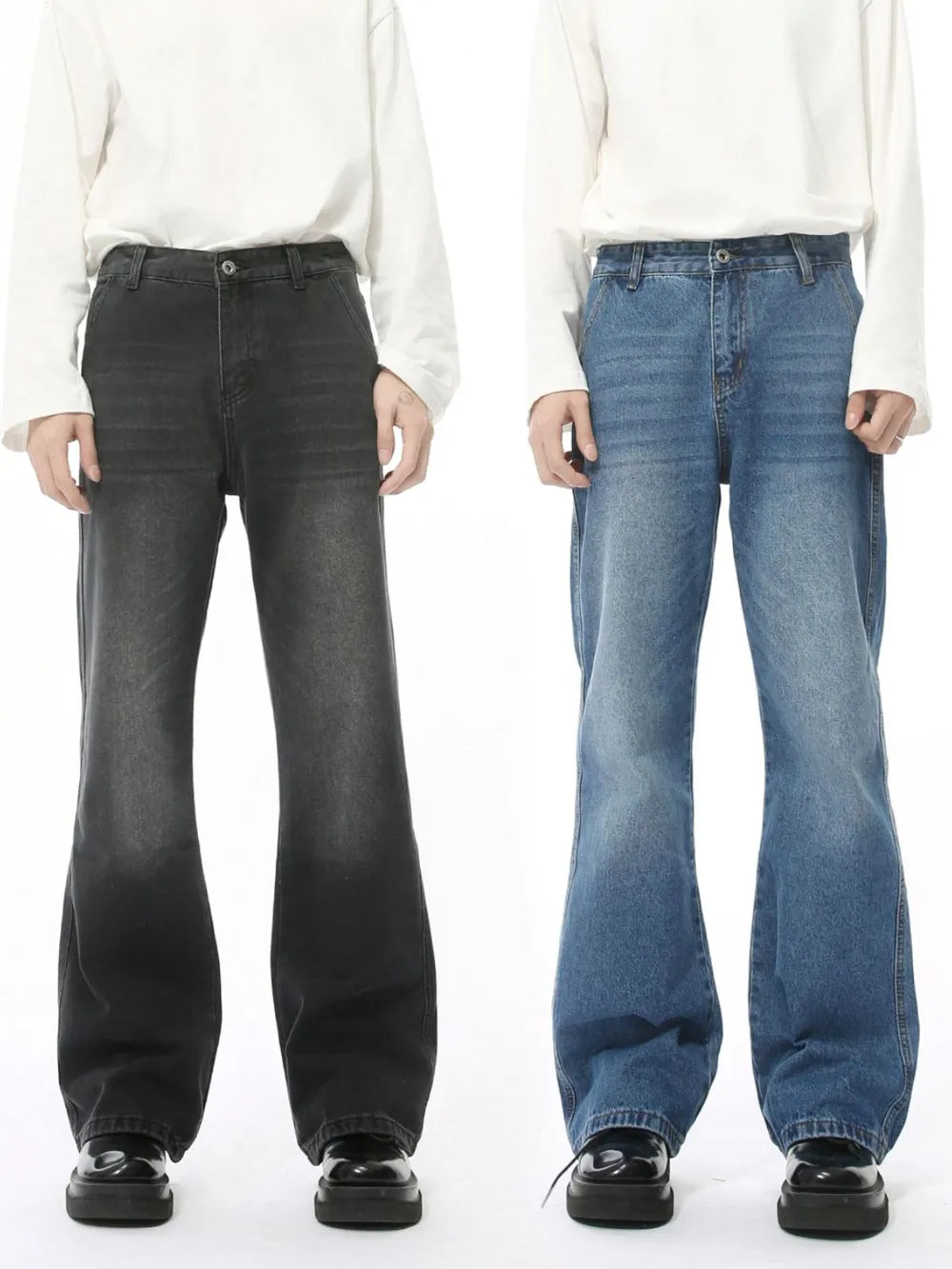 Pocketed flare jeans in dark and medium washes with a classic denim look.