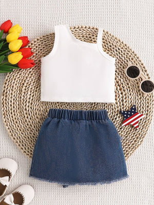 Baby white cotton tank top and denim skirt set with American flag detail.