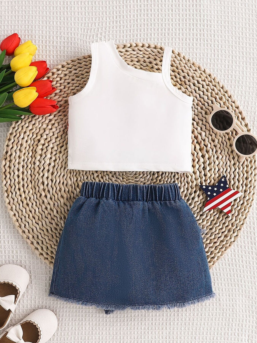 Baby white cotton tank top and denim skirt set with American flag detail.