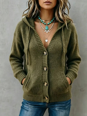 cardigan in olive green featuring hooded and relaxed fit