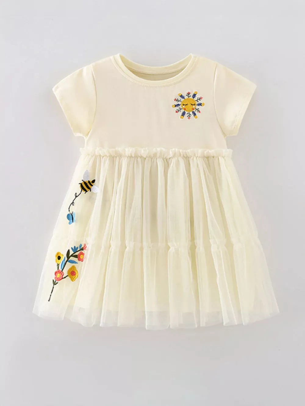 Cream tiered tulle toddler dress with bee and floral embroidery.