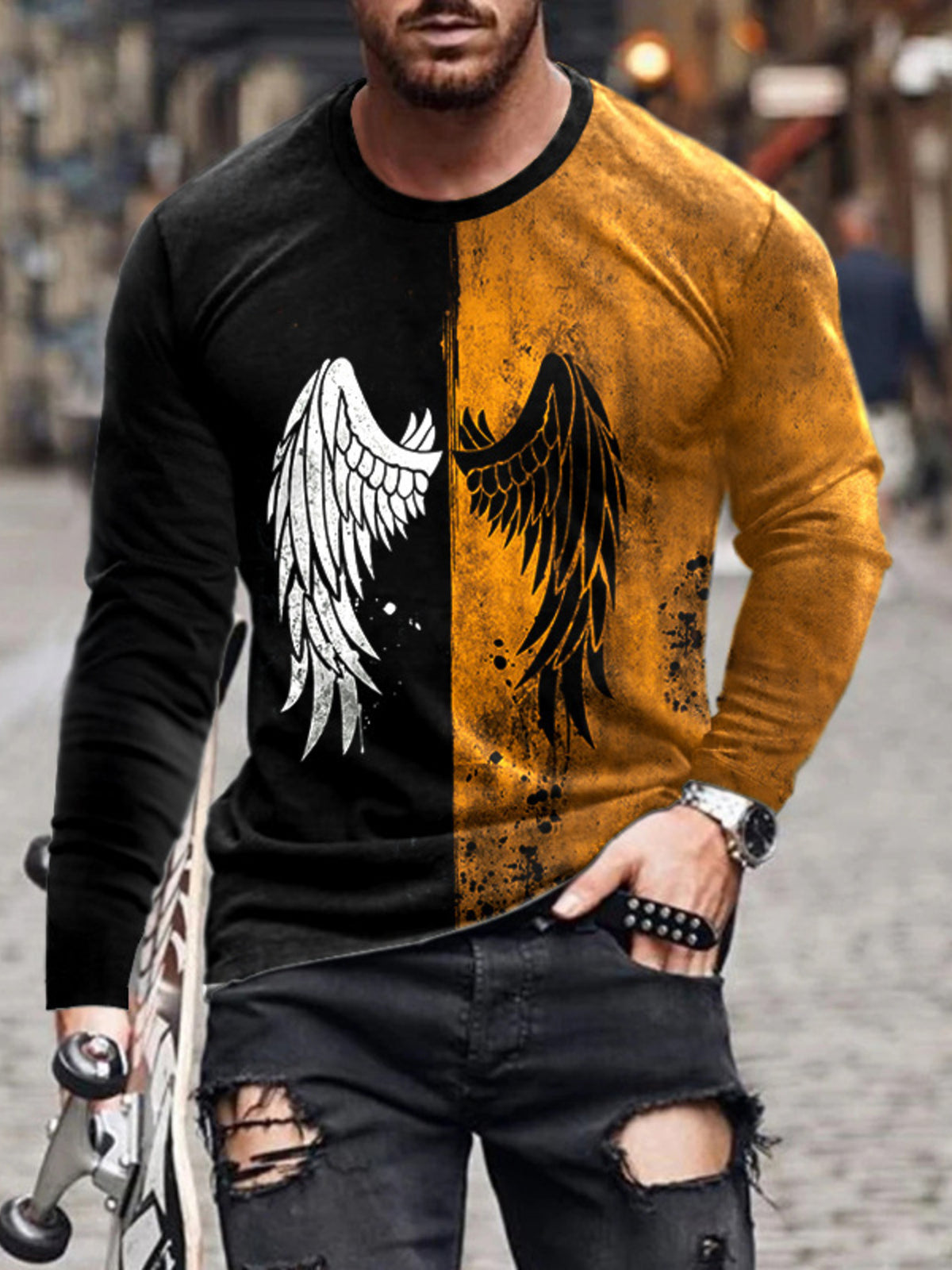Coffee Brown Men's Full Size Split-color Wing Graphic Long-sleeve T-shirt