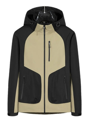 Waterproof hooded jacket in black and khaki with zippered pockets and adjustable hood.