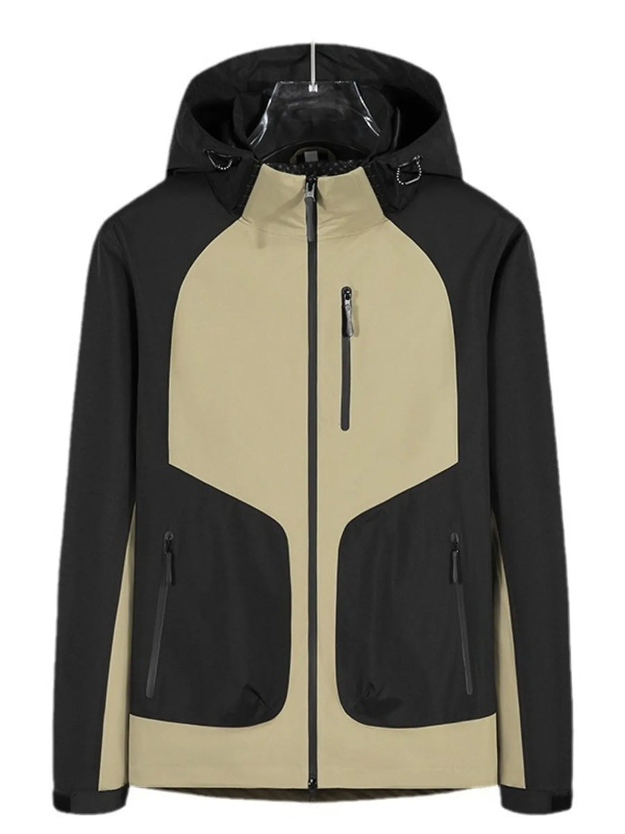 Waterproof hooded jacket in black and khaki with zippered pockets and adjustable hood.