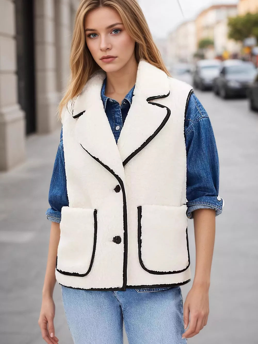Cozy white sherpa vest coat with black contrast trim, button front, and patch pockets.