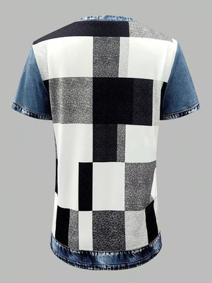 Denim patchwork short sleeve shirt with a black, white, and gray checkered print and distressed denim accents.