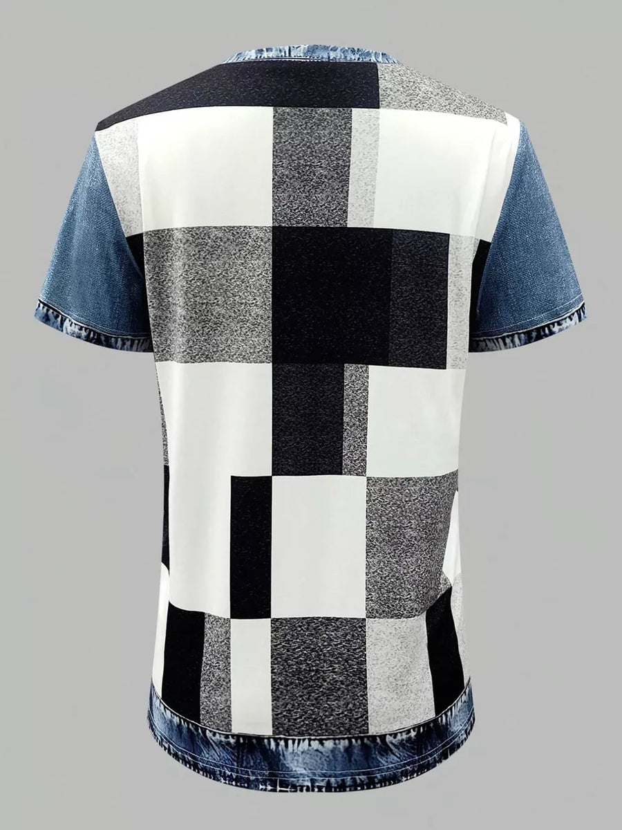 Denim patchwork short sleeve shirt with a black, white, and gray checkered print and distressed denim accents.