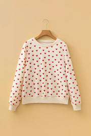 Heart Print Round Neck Long Sleeve Sweatshirt in Cream