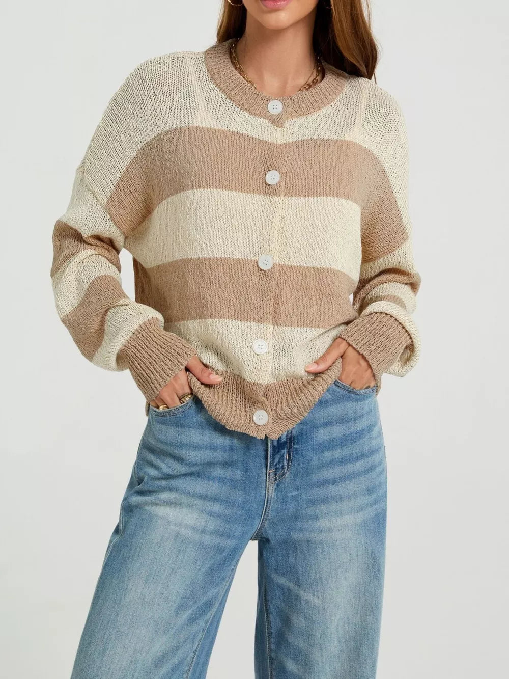Red cardigan with waist-length and button-front