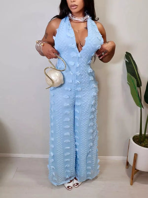 Blue with Textured Halter Wide-leg Jumpsuit