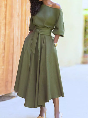 Off-the-shoulder belted midi dress in matcha green with pockets and a tie waist.