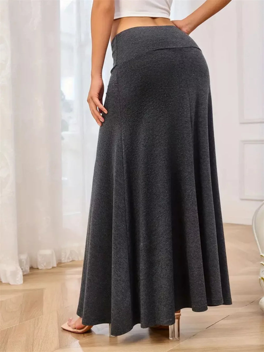 Army Green Flowy Maxi Skirt With Wide Waistband