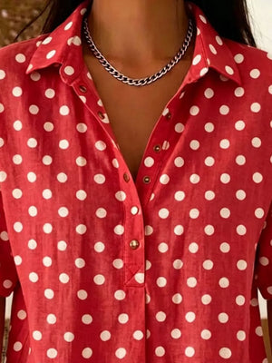 White Full Size Polka Dot Short Sleeve Shirt Plus Size