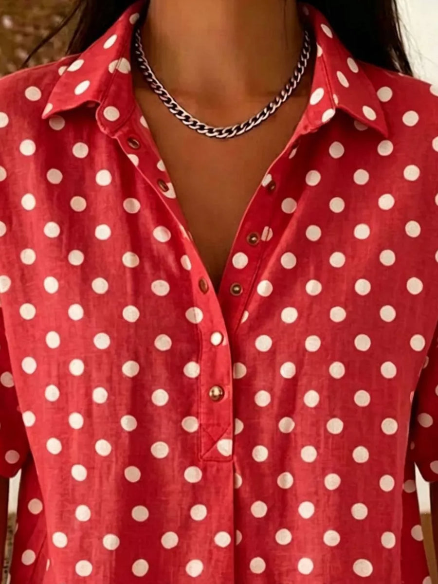 White Full Size Polka Dot Short Sleeve Shirt Plus Size